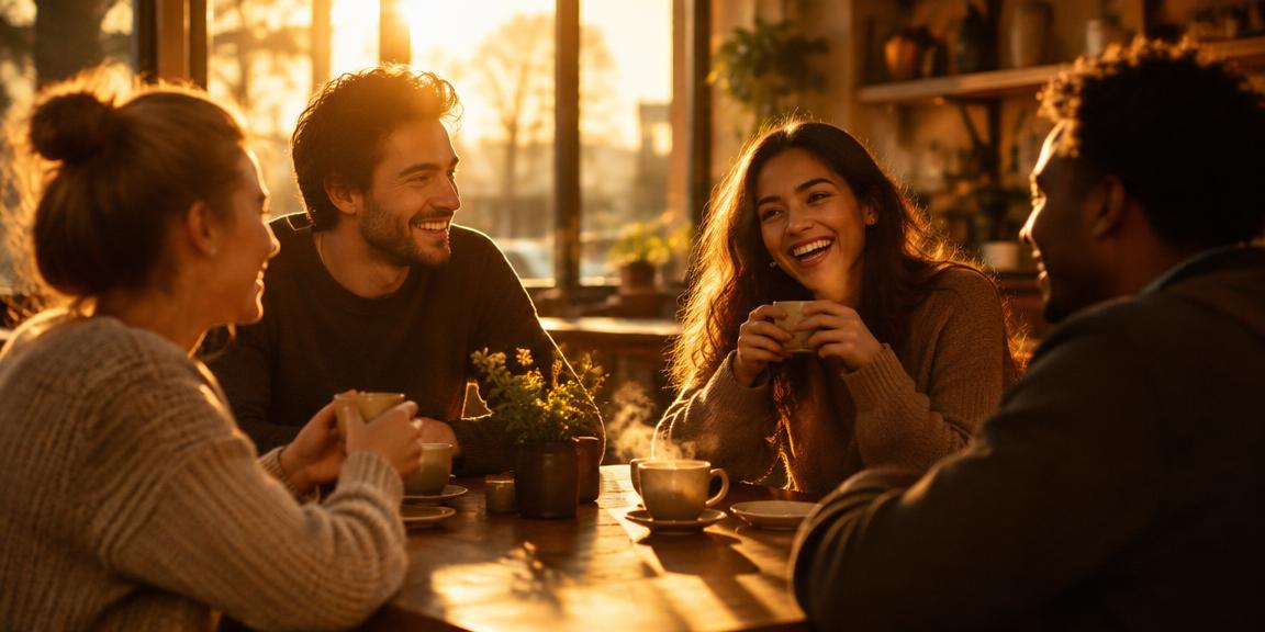 Prieteni povestind la o cafenea